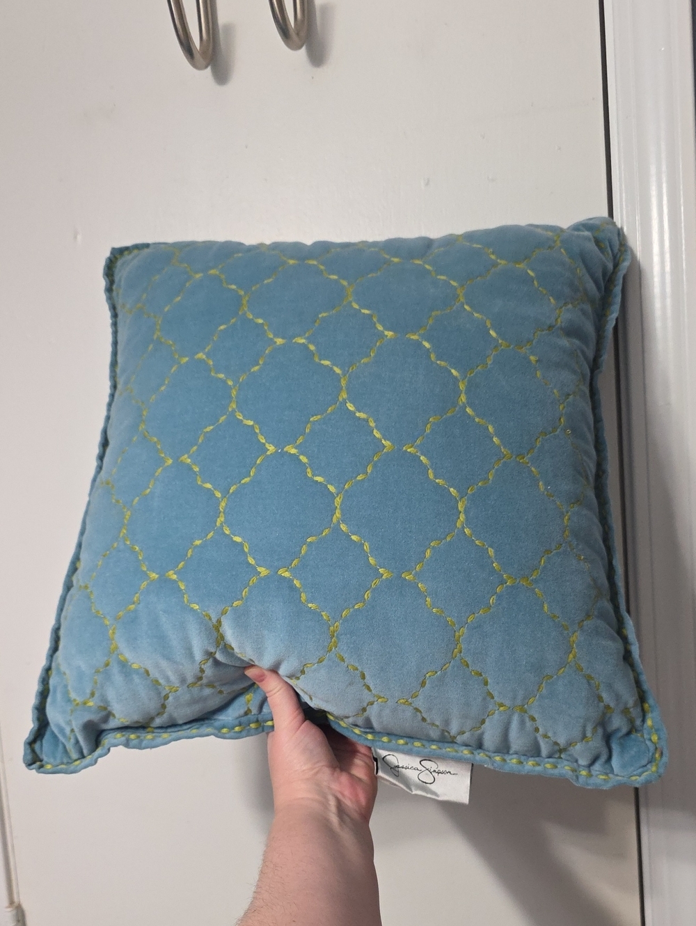 Jessica Simpson Teal Velvet Pillow with Green Lattice Stitching